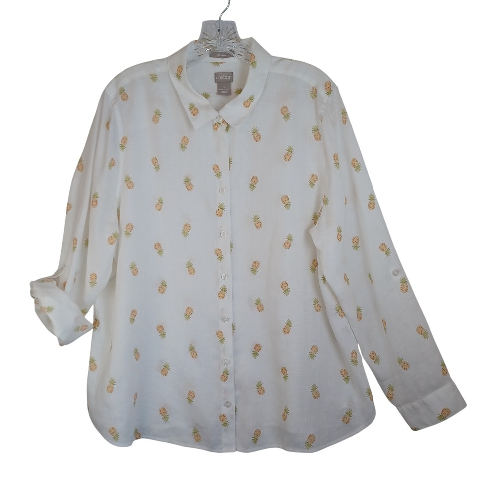 Chicos No Iron Linen Pineapple Print Button Down Shirt White Size 3 XL 16/18
